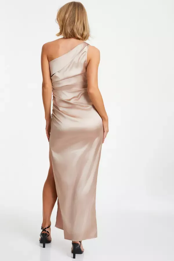Women Champagne Satin One Shoulder Maxi Dress Quiz Clothing Dresses