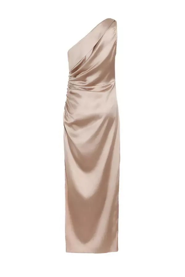 Women Champagne Satin One Shoulder Maxi Dress Quiz Clothing Dresses