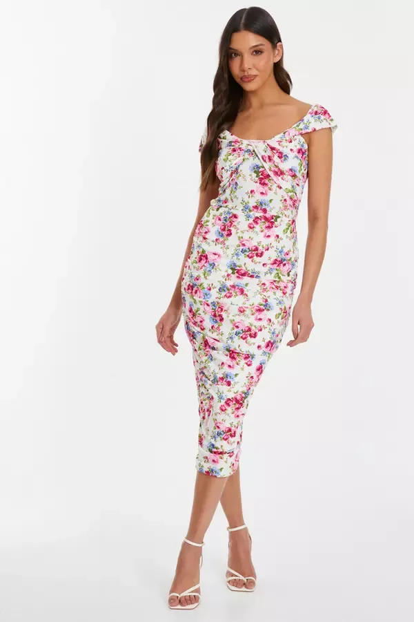 Women Cream Floral Bardot Midi Dress Quiz Clothing Dresses