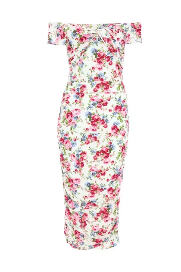 Women Cream Floral Bardot Midi Dress Quiz Clothing Dresses