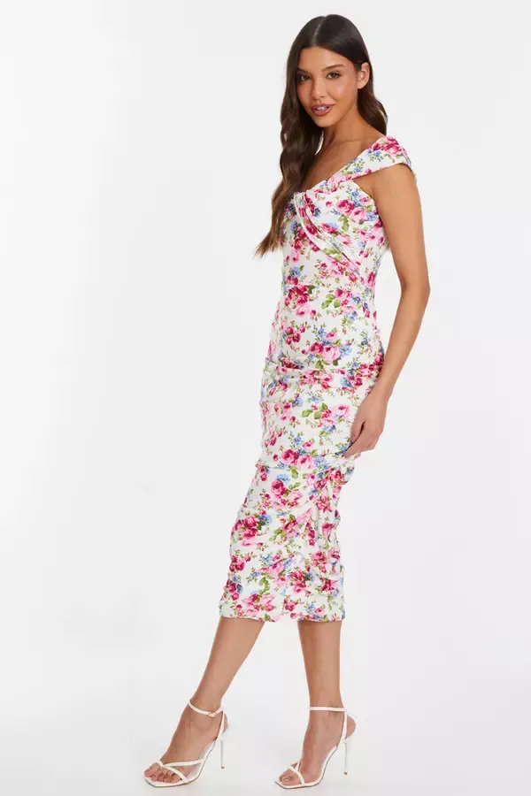 Women Cream Floral Bardot Midi Dress Quiz Clothing Dresses