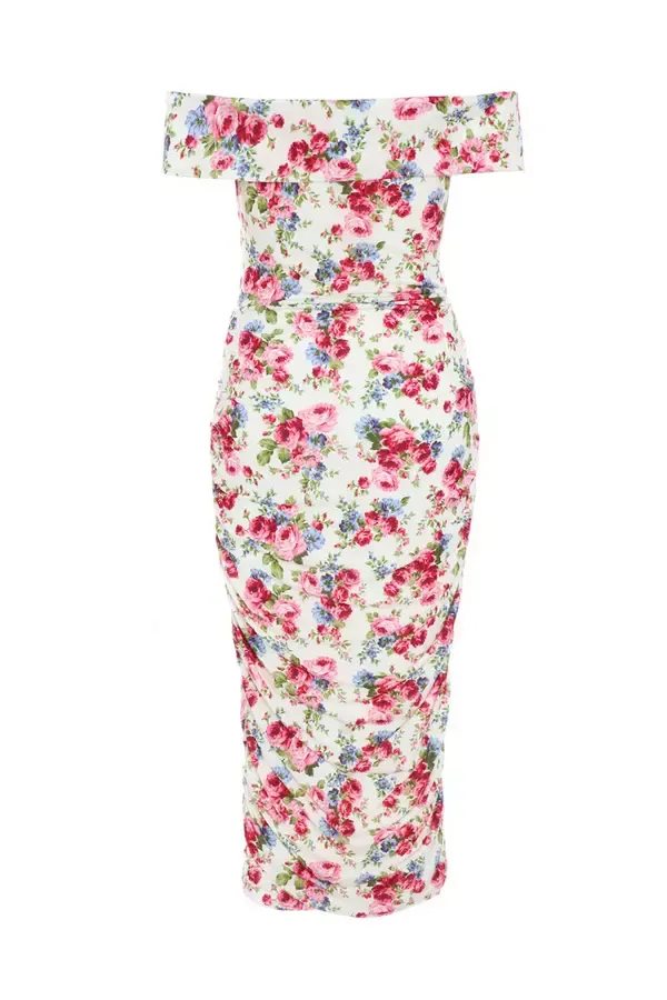 Women Cream Floral Bardot Midi Dress Quiz Clothing Dresses