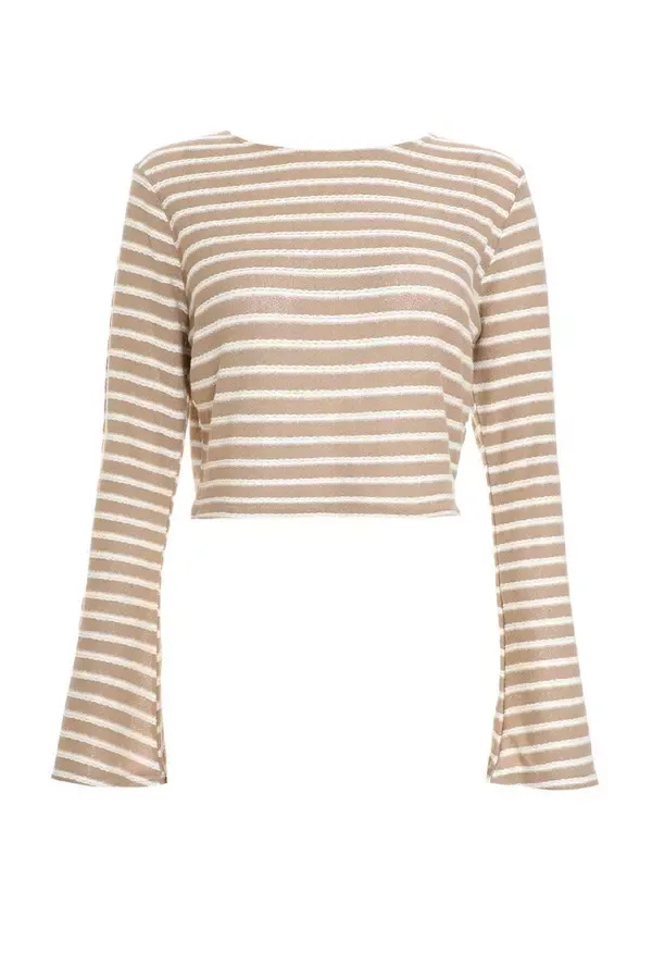 Women Cream Stripe Long Sleeve Crop Top Quiz Clothing Casual Clothing
