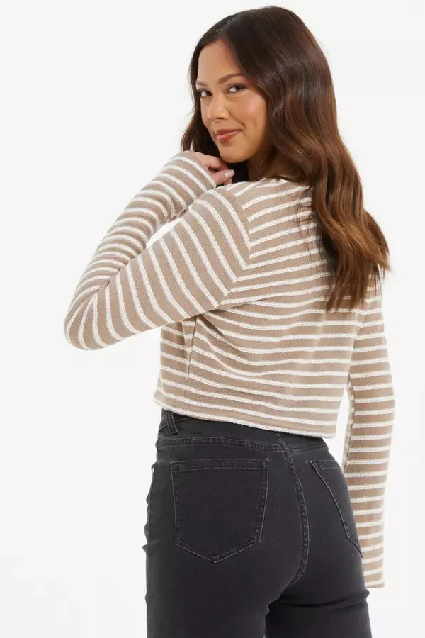 Women Cream Stripe Long Sleeve Crop Top Quiz Clothing Casual Clothing