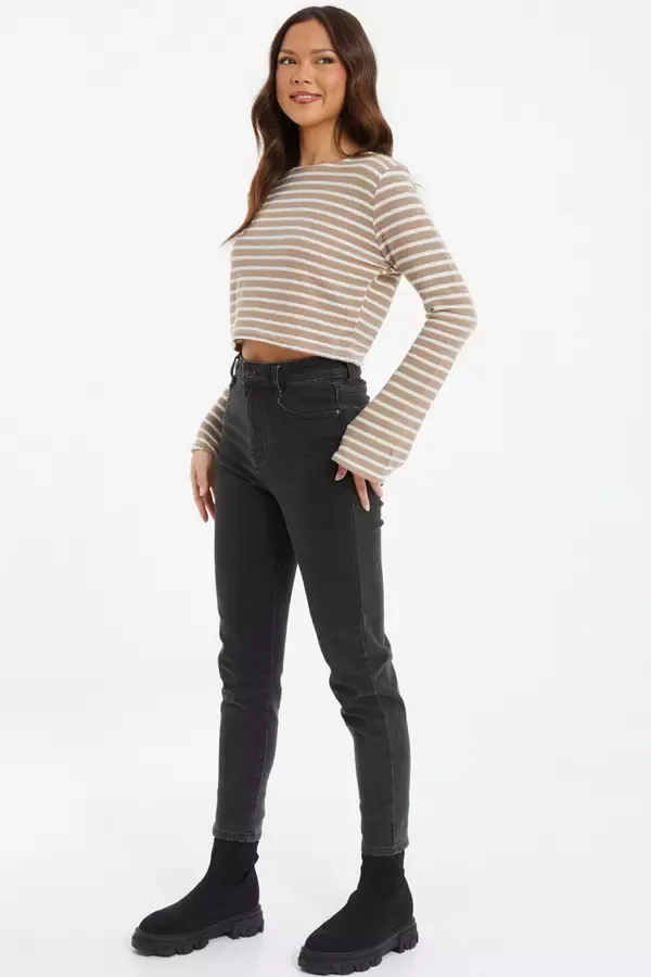 Women Cream Stripe Long Sleeve Crop Top Quiz Clothing Casual Clothing