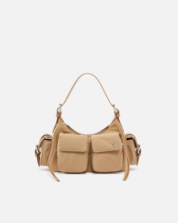 Women Crossbody Bags Pinko Cargo Bag In Recycled Technical Fabric Beigesmoke Greyshiny Nickel