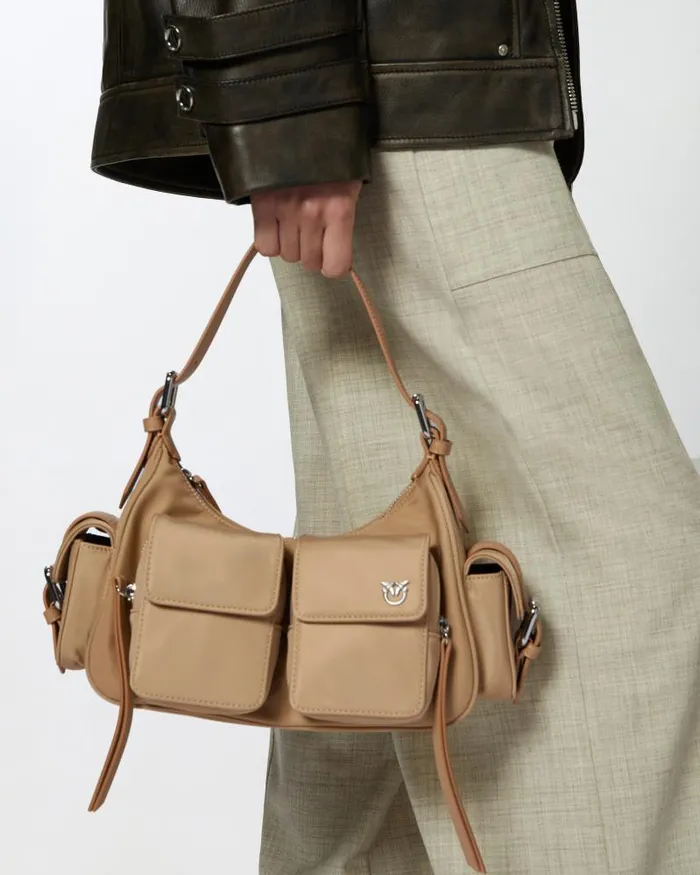 Women Crossbody Bags Pinko Cargo Bag In Recycled Technical Fabric Beigesmoke Greyshiny Nickel Women Crossbody Bags Pinko Cargo Bag In Recycled Technical Fabric Beigesmoke Greyshiny Nickel