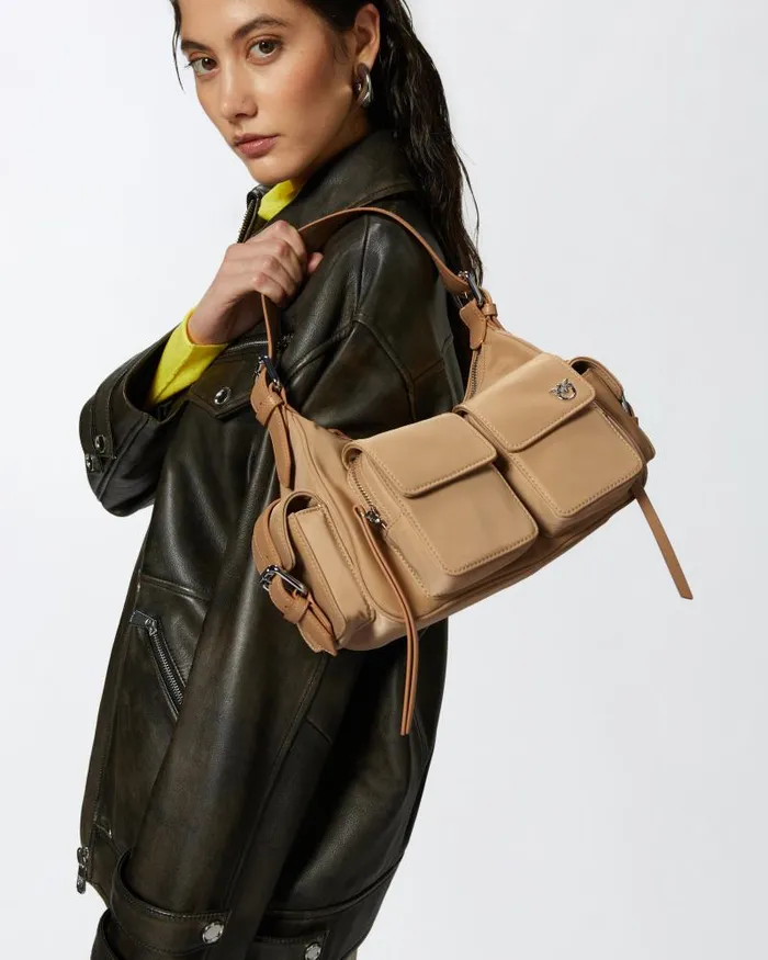 Women Crossbody Bags Pinko Cargo Bag In Recycled Technical Fabric Beigesmoke Greyshiny Nickel Women Crossbody Bags Pinko Cargo Bag In Recycled Technical Fabric Beigesmoke Greyshiny Nickel