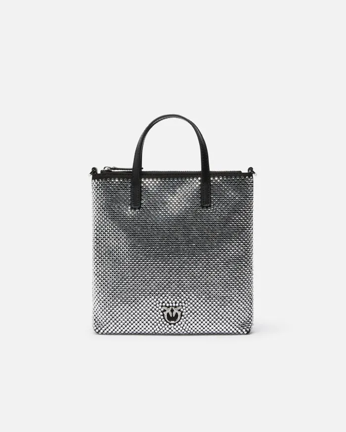 Women Crossbody Bags Pinko Small Shopping Bag With Jewel Rhinestones And Shoulder Strap Limo Blackgunmetal Grey Women Crossbody Bags Pinko Small Shopping Bag With Jewel Rhinestones And Shoulder Strap Limo Blackgunmetal Grey