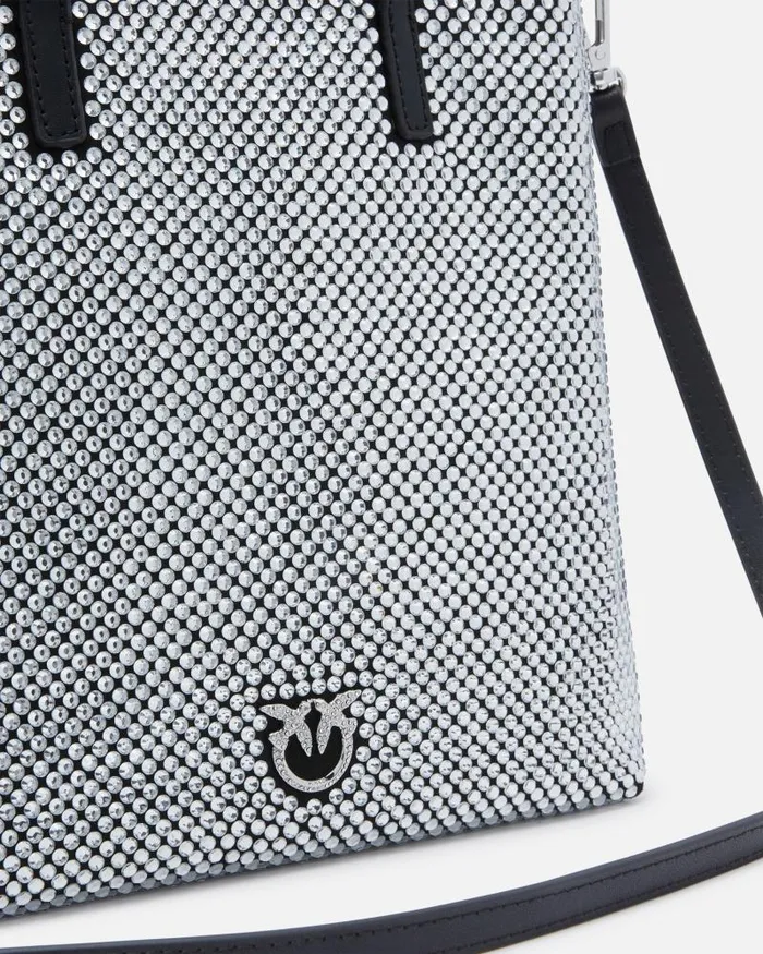 Women Crossbody Bags Pinko Small Shopping Bag With Jewel Rhinestones And Shoulder Strap Limo Blackgunmetal Grey Women Crossbody Bags Pinko Small Shopping Bag With Jewel Rhinestones And Shoulder Strap Limo Blackgunmetal Grey