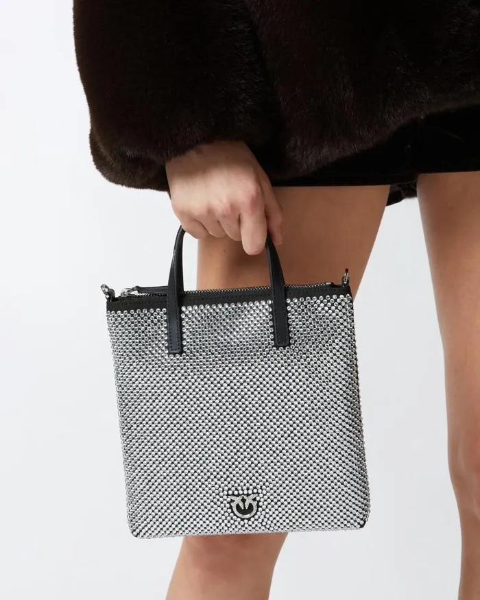 Women Crossbody Bags Pinko Small Shopping Bag With Jewel Rhinestones And Shoulder Strap Limo Blackgunmetal Grey Women Crossbody Bags Pinko Small Shopping Bag With Jewel Rhinestones And Shoulder Strap Limo Blackgunmetal Grey