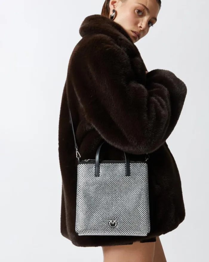 Women Crossbody Bags Pinko Small Shopping Bag With Jewel Rhinestones And Shoulder Strap Limo Blackgunmetal Grey Women Crossbody Bags Pinko Small Shopping Bag With Jewel Rhinestones And Shoulder Strap Limo Blackgunmetal Grey