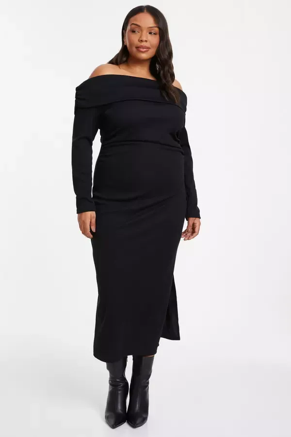 Women Curve Black Ribbed Bardot Bodycon Midi Dress Quiz Clothing Dresses