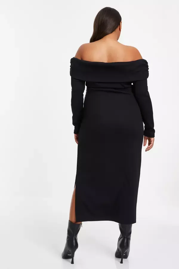 Women Curve Black Ribbed Bardot Bodycon Midi Dress Quiz Clothing Dresses