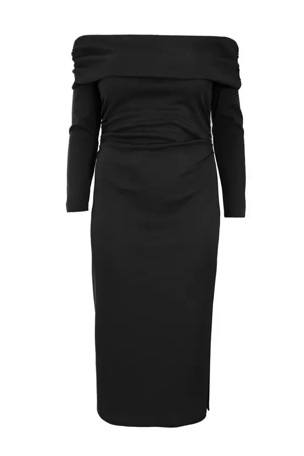 Women Curve Black Ribbed Bardot Bodycon Midi Dress Quiz Clothing Dresses