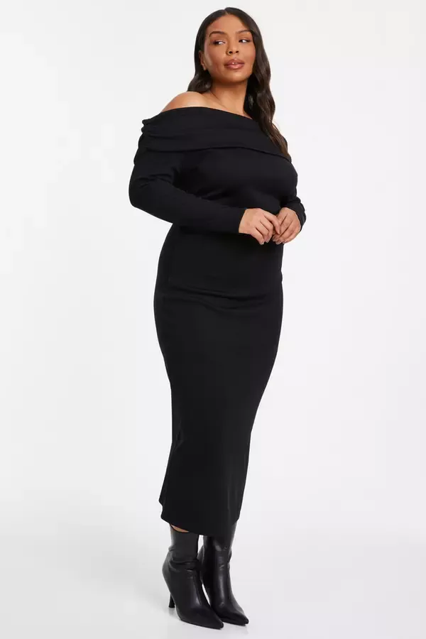 Women Curve Black Ribbed Bardot Bodycon Midi Dress Quiz Clothing Dresses
