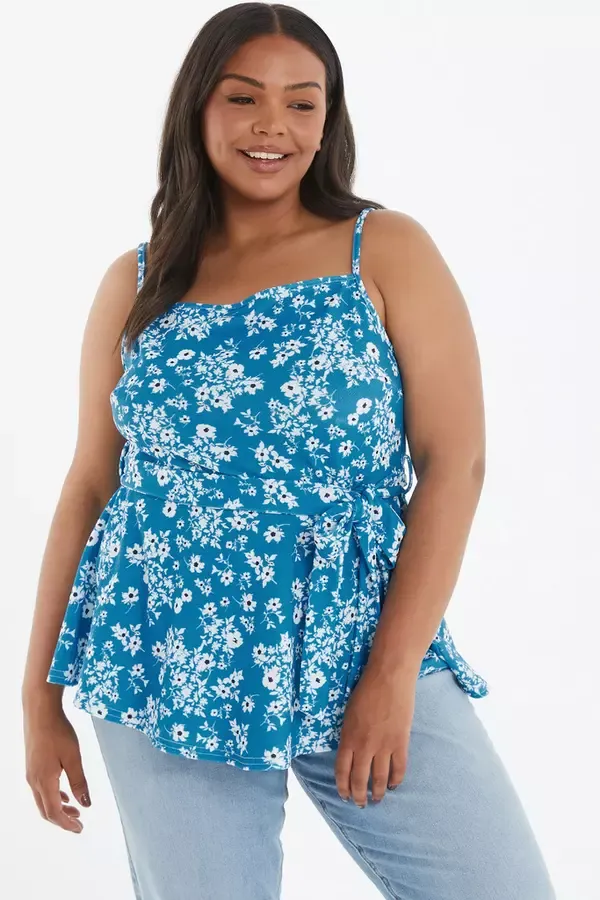 Women Curve Blue Ditsy Print PeplumTop Quiz Clothing Tops