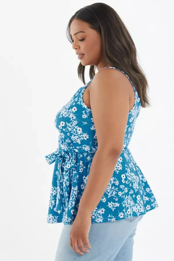 Women Curve Blue Ditsy Print PeplumTop Quiz Clothing Tops