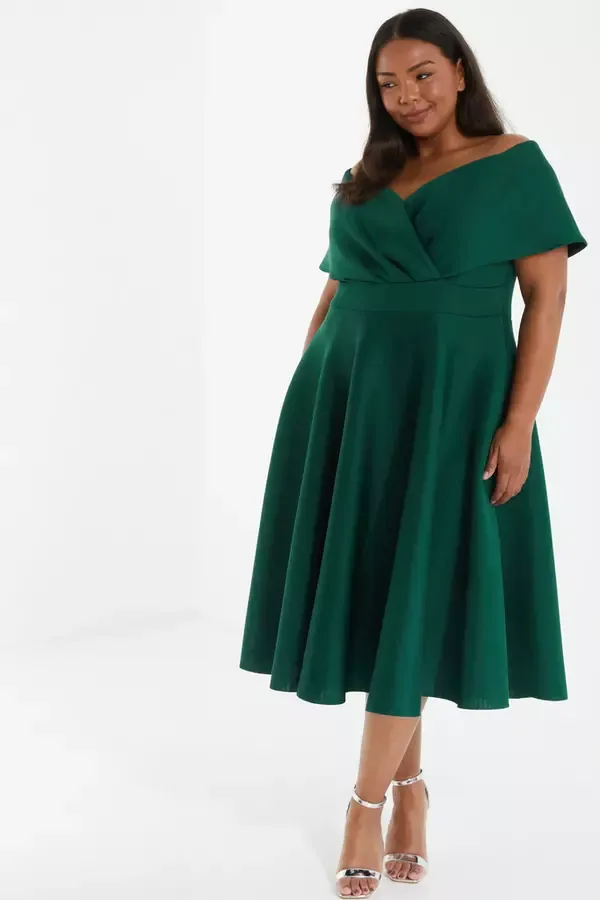 Women Curve Bottle Green Midi Skater Dress Quiz Clothing Dresses