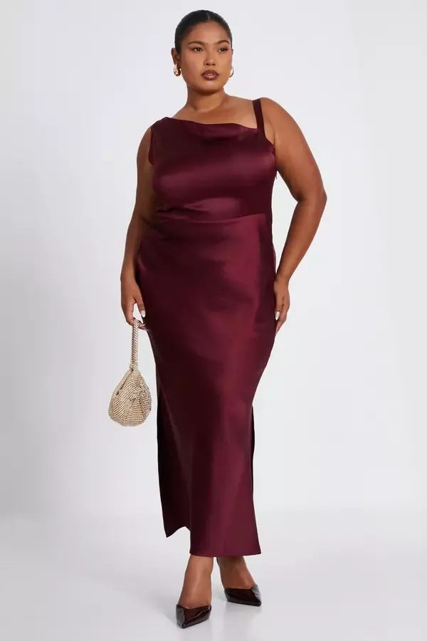 Women Curve Dark Red Satin Midaxi Dress Quiz Clothing Dresses