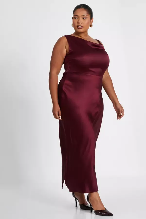 Women Curve Dark Red Satin Midaxi Dress Quiz Clothing Dresses
