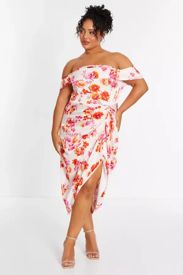 Women Curve Ivory Floral Bardot Ruched Midi Dress Quiz Clothing Dresses