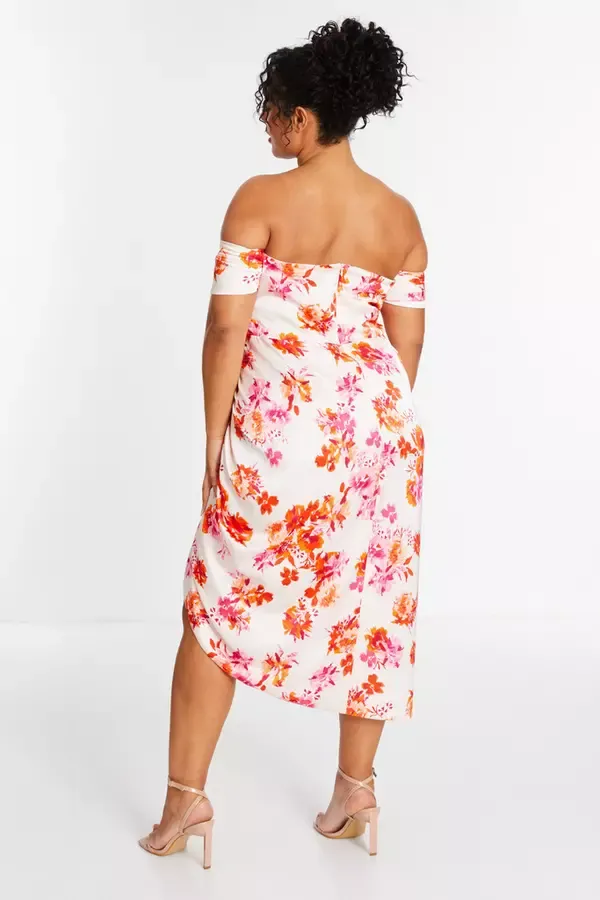 Women Curve Ivory Floral Bardot Ruched Midi Dress Quiz Clothing Dresses