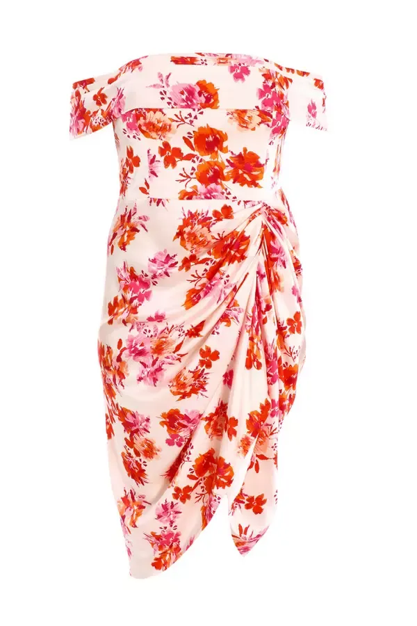 Women Curve Ivory Floral Bardot Ruched Midi Dress Quiz Clothing Dresses