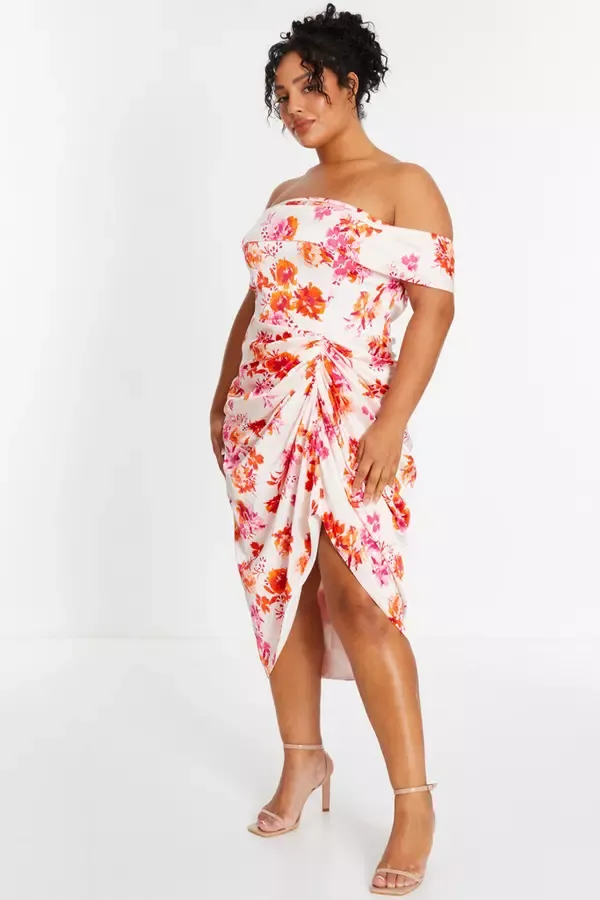 Women Curve Ivory Floral Bardot Ruched Midi Dress Quiz Clothing Dresses