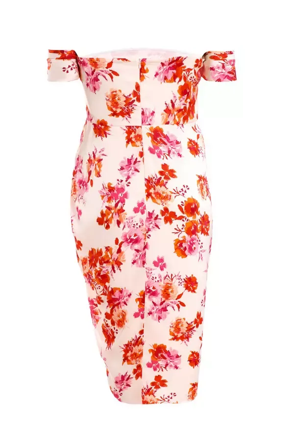 Women Curve Ivory Floral Bardot Ruched Midi Dress Quiz Clothing Dresses