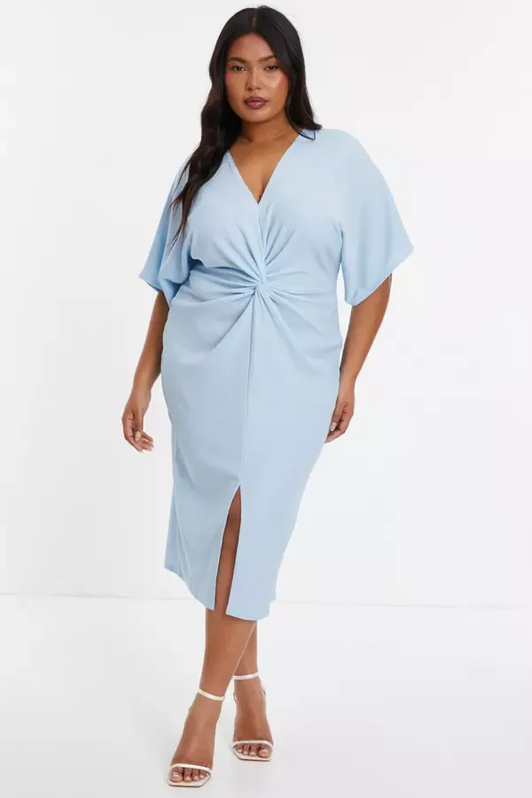 Women Curve Light Blue Knot Front Midi Dress Quiz Clothing Dresses