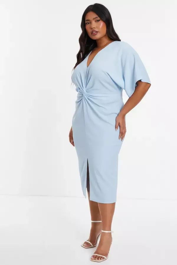 Women Curve Light Blue Knot Front Midi Dress Quiz Clothing Dresses