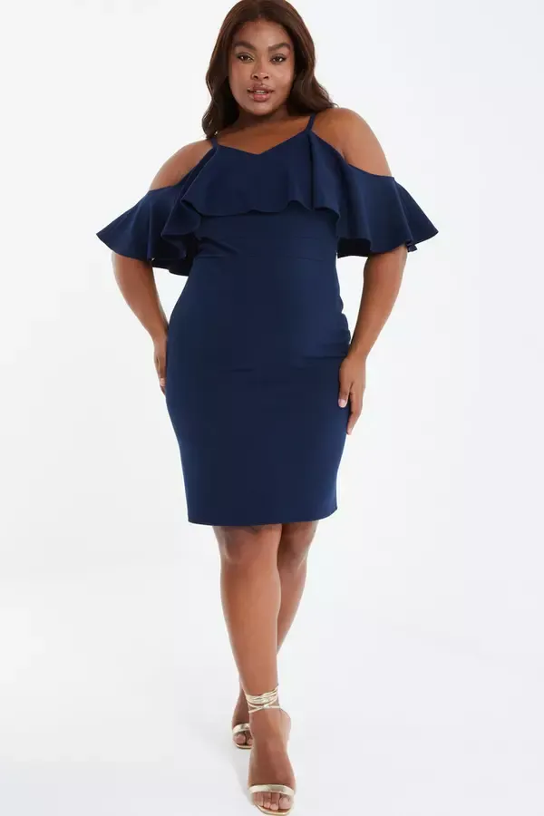 Women Curve Navy Frill Midi Dress Quiz Clothing Dresses