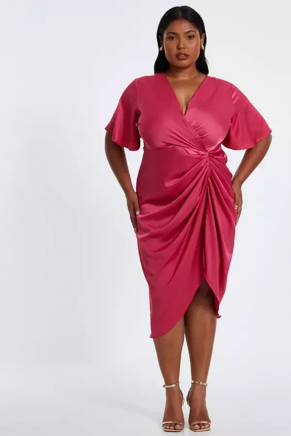 Women Curve Raspberry Satin Wrap Midi Dress Quiz Clothing Dresses