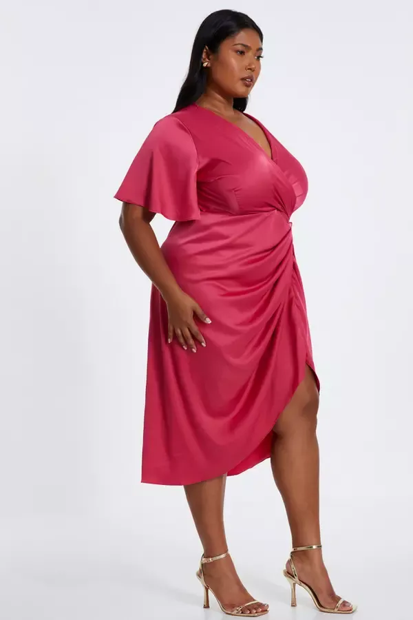 Women Curve Raspberry Satin Wrap Midi Dress Quiz Clothing Dresses