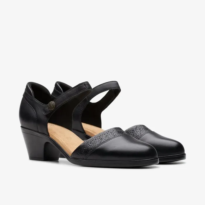 Women Emily 2 Ketra Black Leather Clarks Heels and Pumps