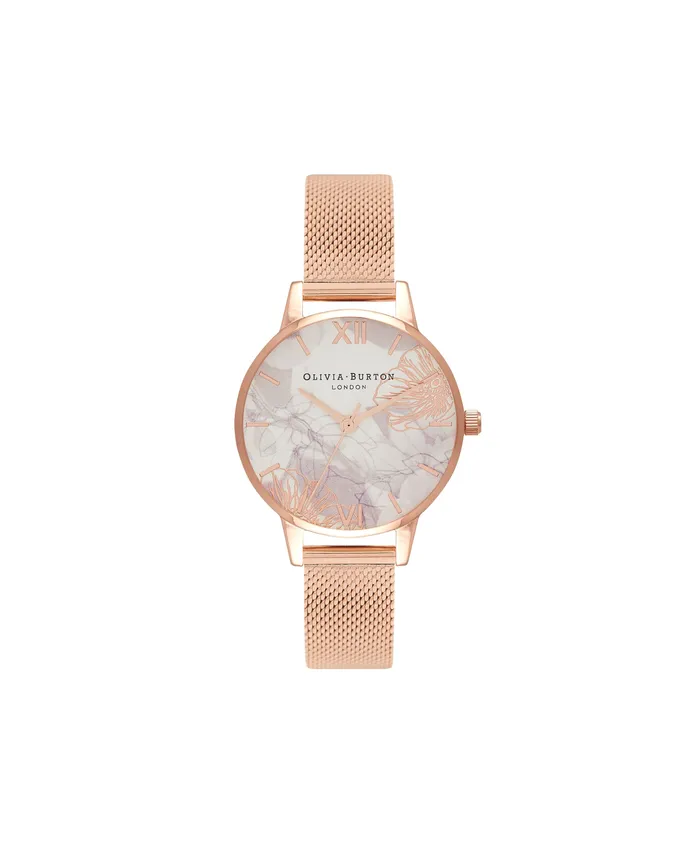 Women Floral Watches Olivia Burton 30mm White and Rose Gold Mesh Watch