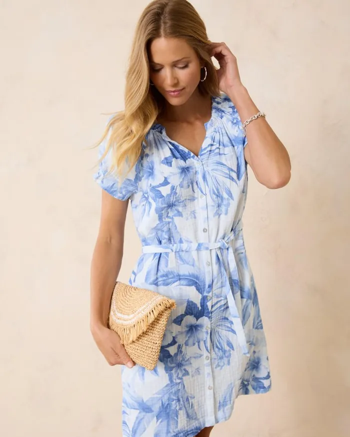 Women Garden Of Hope and Courage Silk Shift Dress Vintage White Tommy Bahama Dresses