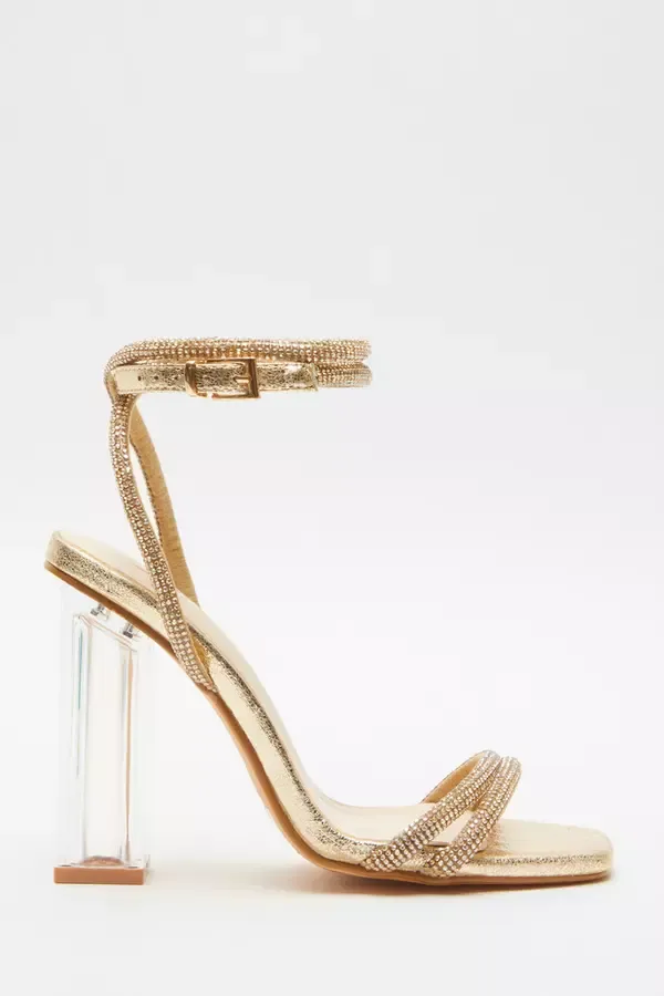 Women Gold Diamante Clear Heeled Sandals Quiz Clothing Heels