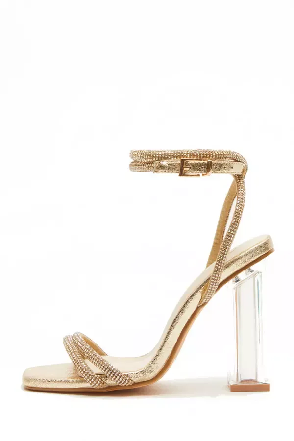 Women Gold Diamante Clear Heeled Sandals Quiz Clothing Heels