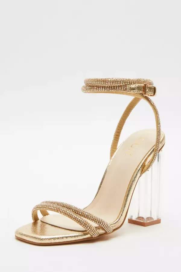 Women Gold Diamante Clear Heeled Sandals Quiz Clothing Heels