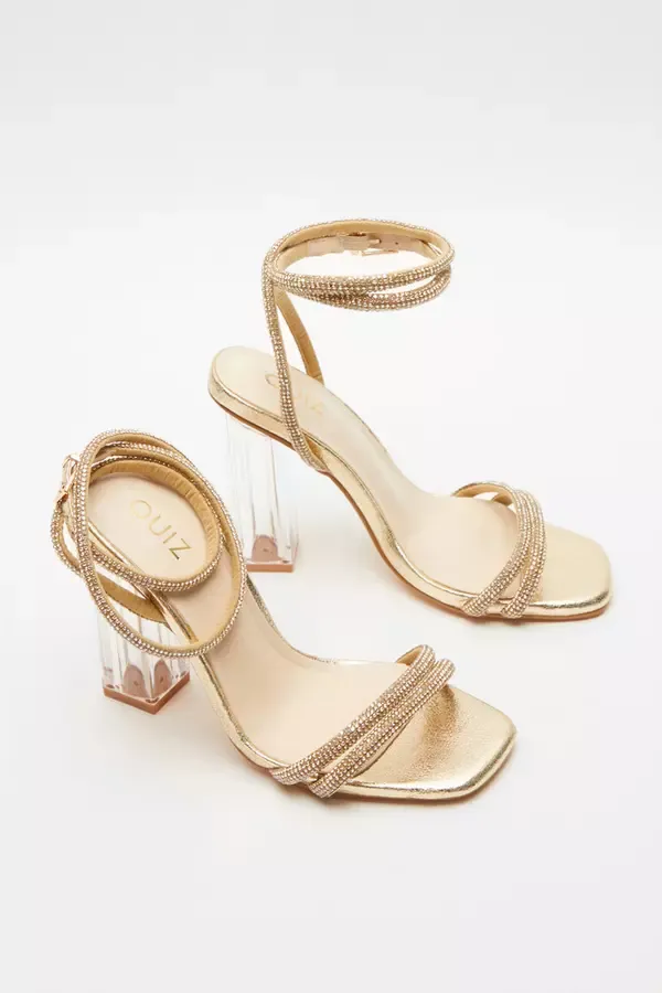 Women Gold Diamante Clear Heeled Sandals Quiz Clothing Heels