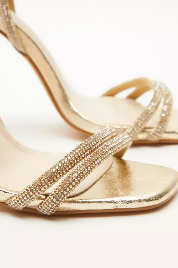 Women Gold Diamante Clear Heeled Sandals Quiz Clothing Heels