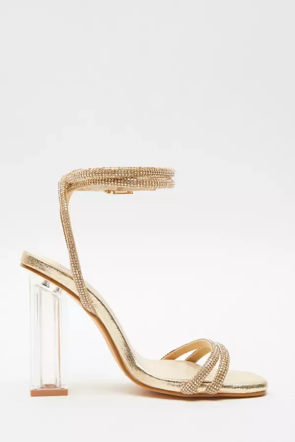 Women Gold Diamante Clear Heeled Sandals Quiz Clothing Heels