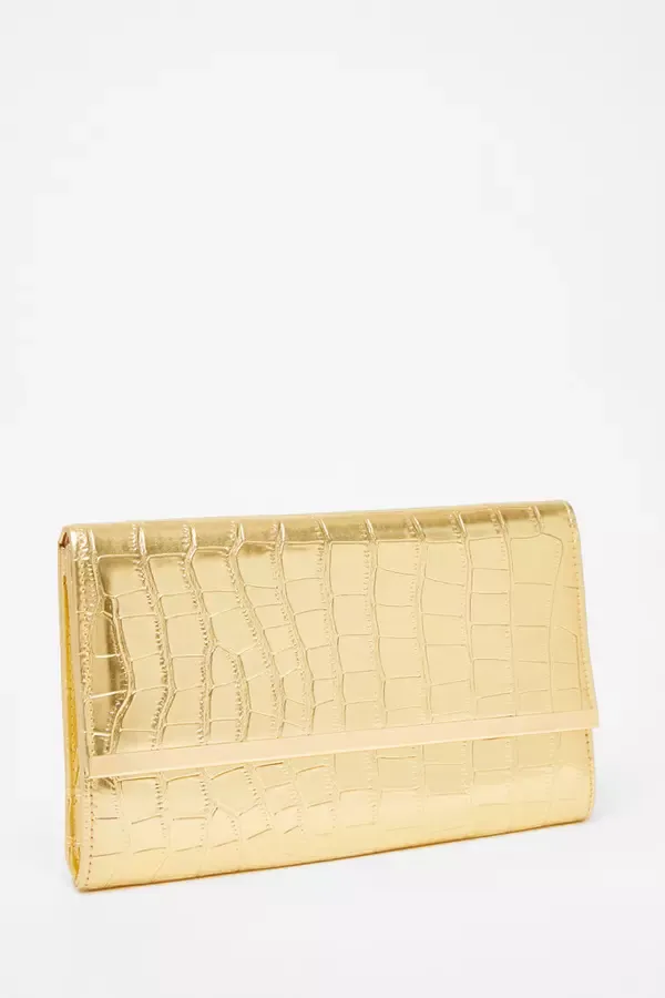 Women Gold Faux Leather Croc Clutch Quiz Clothing Bags