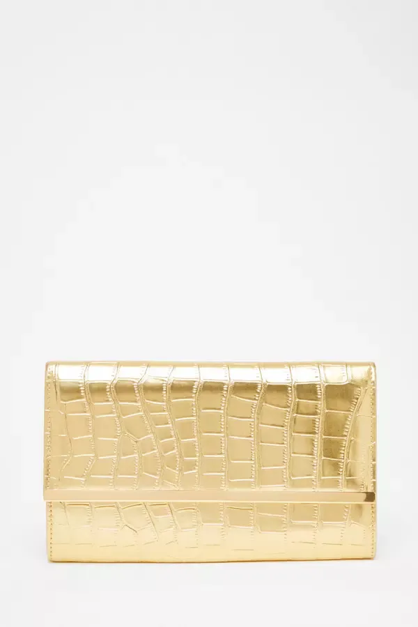 Women Gold Faux Leather Croc Clutch Quiz Clothing Bags