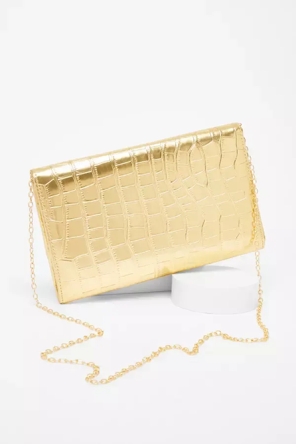 Women Gold Faux Leather Croc Clutch Quiz Clothing Bags