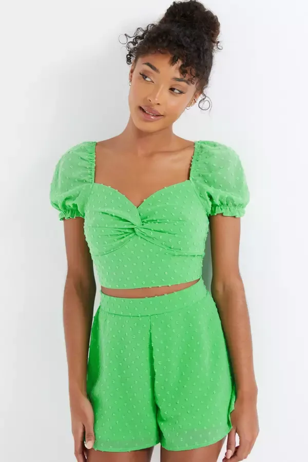 Women Green Chiffon Dobby Crop Top Quiz Clothing CoOrds