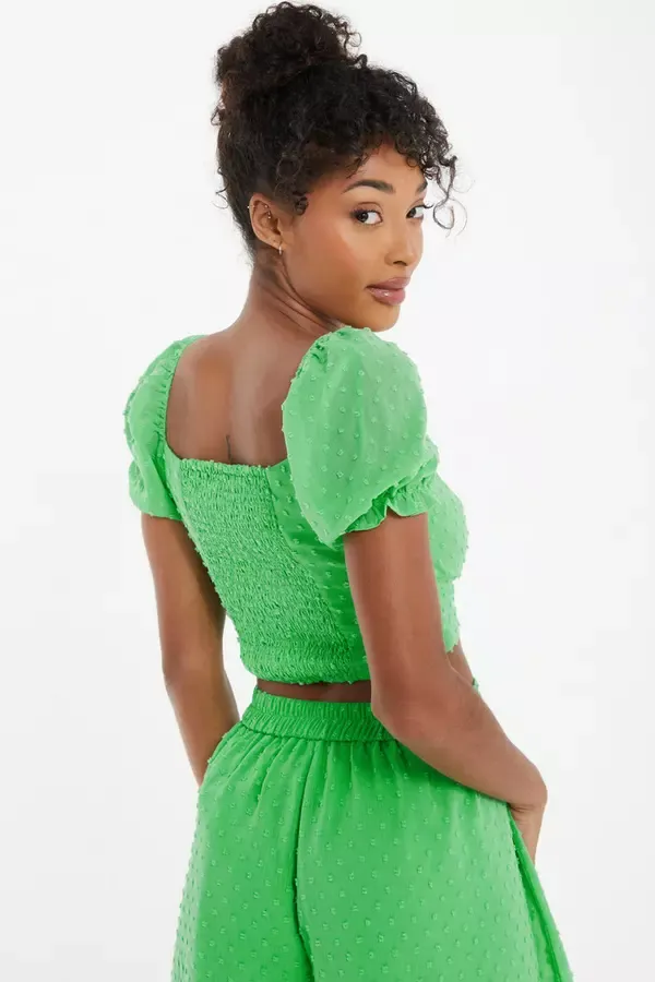 Women Green Chiffon Dobby Crop Top Quiz Clothing CoOrds