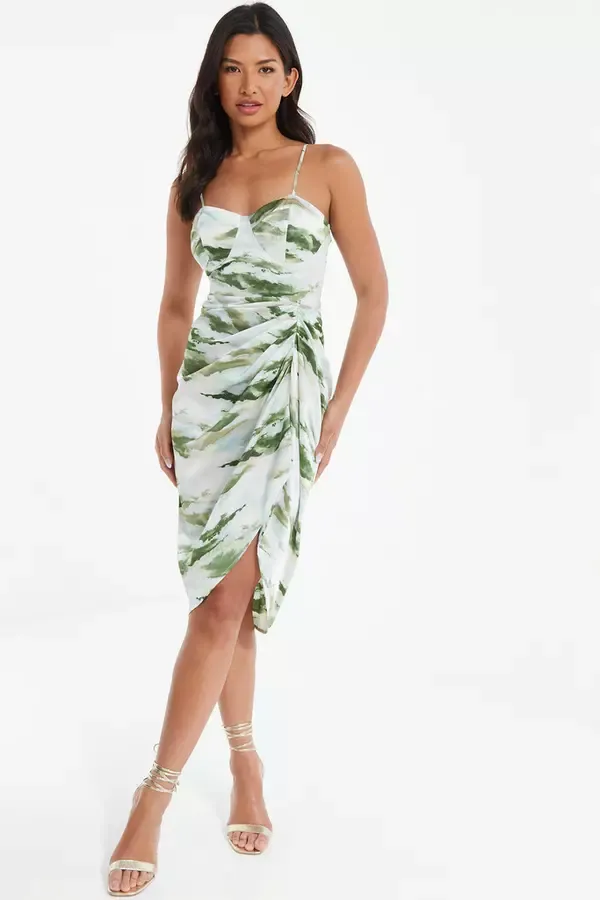 Women Green Marble Print Satin Midi Dress Quiz Clothing Dresses